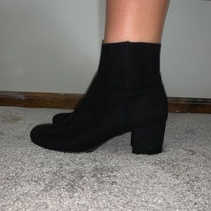 low top black heeled booties
